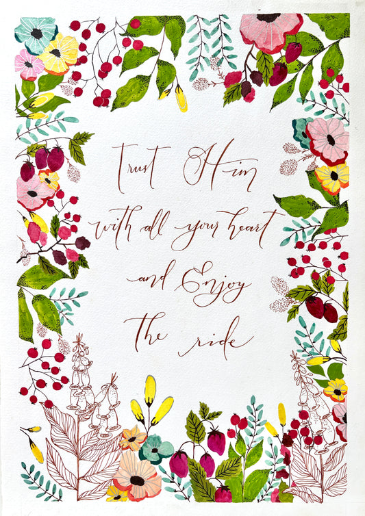 Floral watercolour illustration border with calligraphy quote 