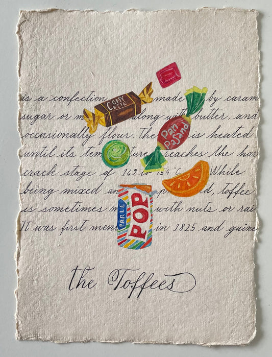 Colorful candy watercolour illustration on textured paper with calligraphy in the background